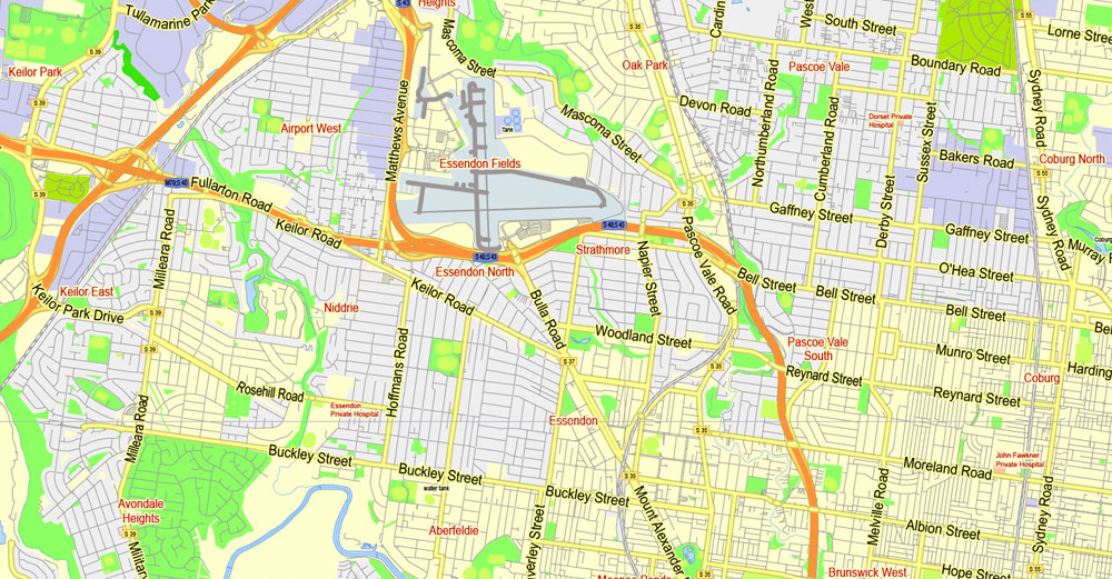 Printable Map Melbourne, Australia, exact vector street map, V27.11, fully editable, Adobe Illustrator, G-View Level 13 (2000 meters scale), full vector, scalable, editable, text format of street names, 7 Mb ZIP.