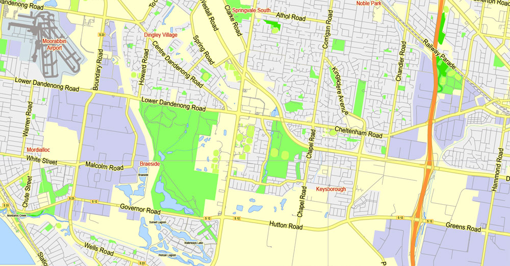 Printable Map Melbourne, Australia, exact vector street map, V27.11, fully editable, Adobe Illustrator, G-View Level 13 (2000 meters scale), full vector, scalable, editable, text format of street names, 7 Mb ZIP.
