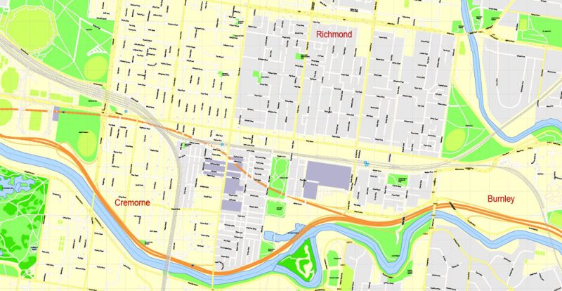 Printable Map Melbourne, Australia, exact vector street map, V27.11, fully editable, Adobe Illustrator, G-View Level 17 (100 meters scale), full vector, scalable, editable, text format of street names, 25 Mb ZIP.