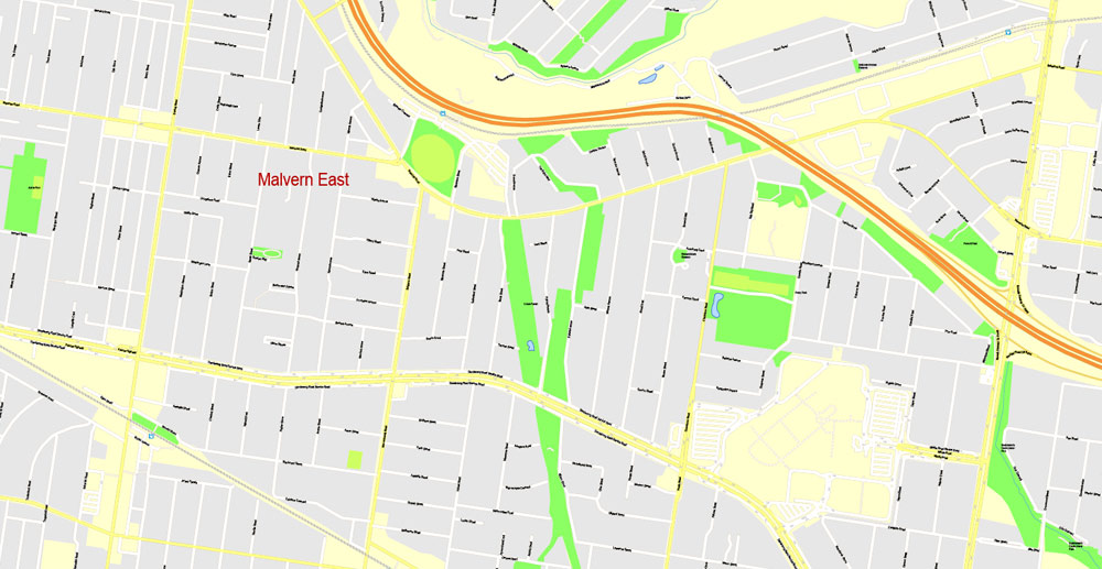 Printable Map Melbourne, Australia, exact vector street map, V27.11, fully editable, Adobe Illustrator, G-View Level 17 (100 meters scale), full vector, scalable, editable, text format of street names, 25 Mb ZIP.