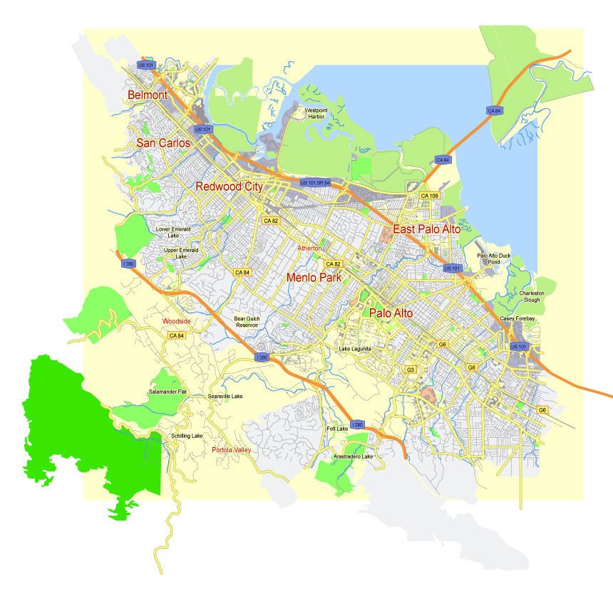 Menlo Park, California, Free printable and editable vector map in PDF