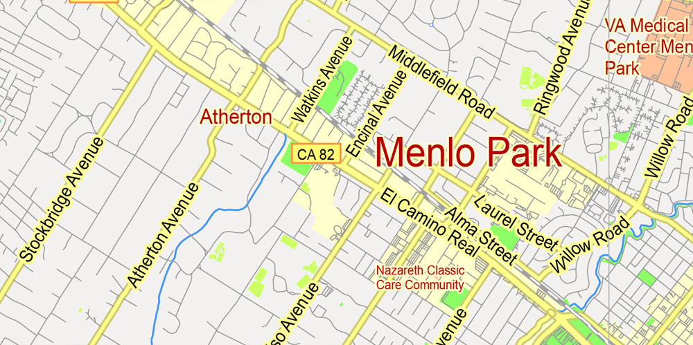 Printable Map Menlo Park, California, exact vector street G-View Level 13 (2000 meter scale) map, fully editable, Adobe Illustrator, full vector, scalable, editable text format of street names, 2 Mb ZIP