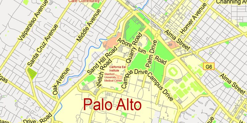 Printable Map Menlo Park, California, exact vector street G-View Level 13 (2000 meter scale) map, fully editable, Adobe Illustrator, full vector, scalable, editable text format of street names, 2 Mb ZIP
