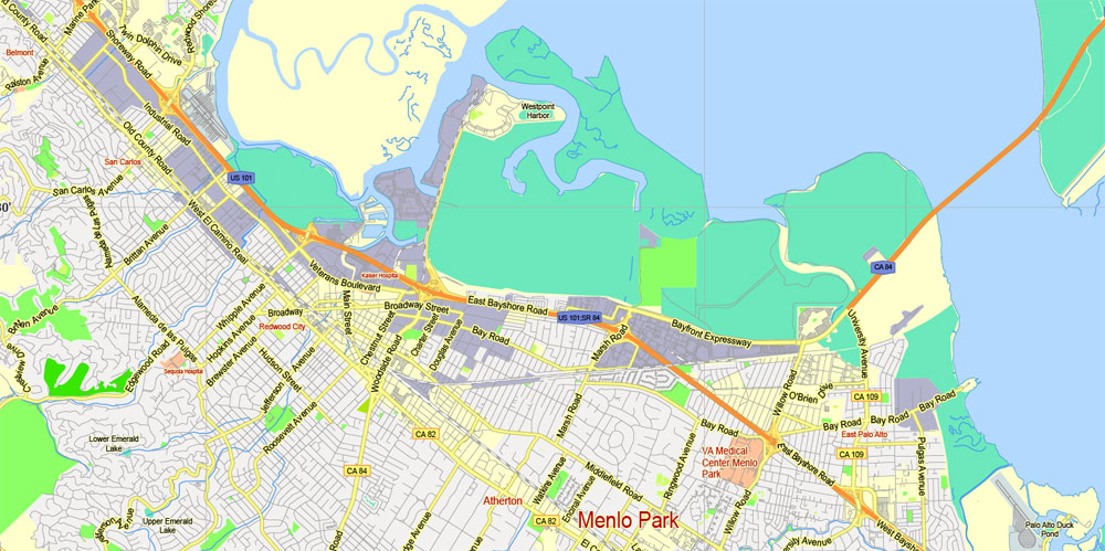 Menlo Park, California, PDF Map, exact vector street G-View Level 13 (2000 meter scale) map, fully editable, Adobe PDF