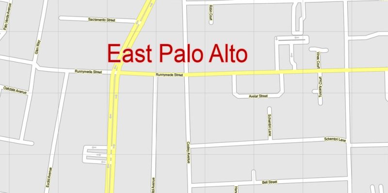 Printable Map Menlo Park, California, exact vector street G-View Level 17 (100 meter scale) map, fully editable, Adobe Illustrator, full vector, scalable, editable text format of street names, 7 Mb ZIP