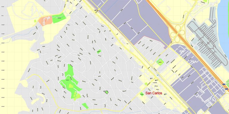 Printable Map Menlo Park, California, exact vector street G-View Level 17 (100 meter scale) map, fully editable, Adobe Illustrator, full vector, scalable, editable text format of street names, 7 Mb ZIP