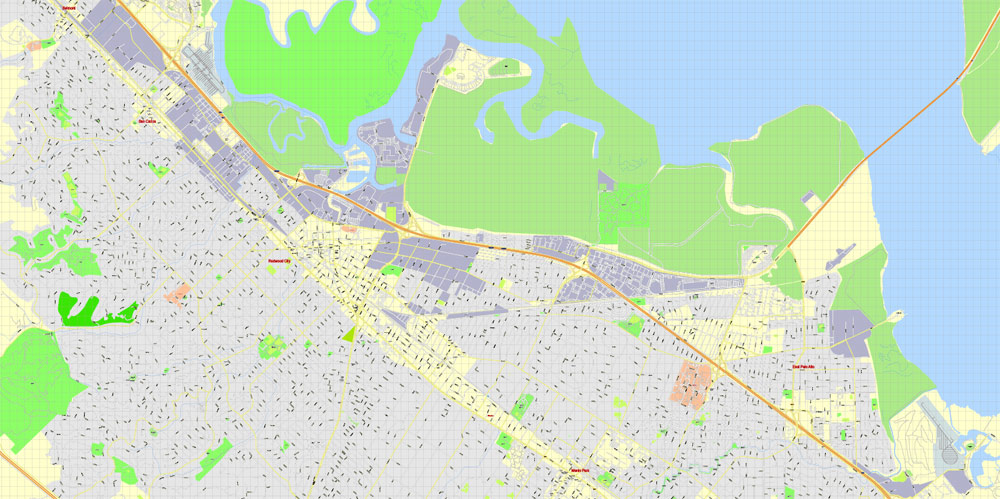 Menlo Park, California, PDF Map, exact vector street G-View Level 17 (100 meter scale) map, fully editable, Adobe PDF