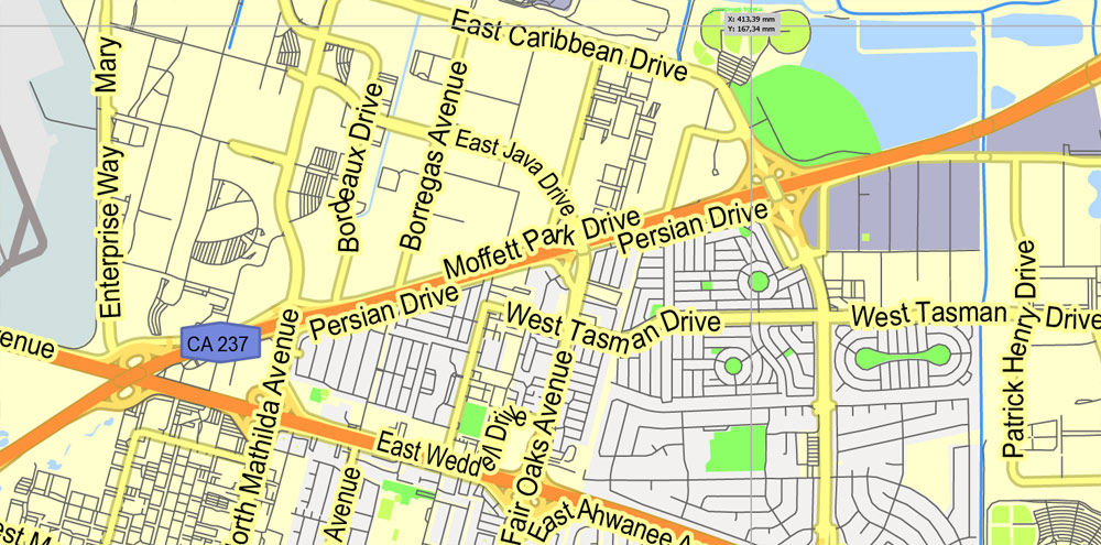 Mountain View, California, Printable Map, US, exact vector street G-View Level 13 map (2000 meters scale), fully editable, Adobe Illustrator, full vector, scalable, editable, text format street names, 2 Mb ZIP.