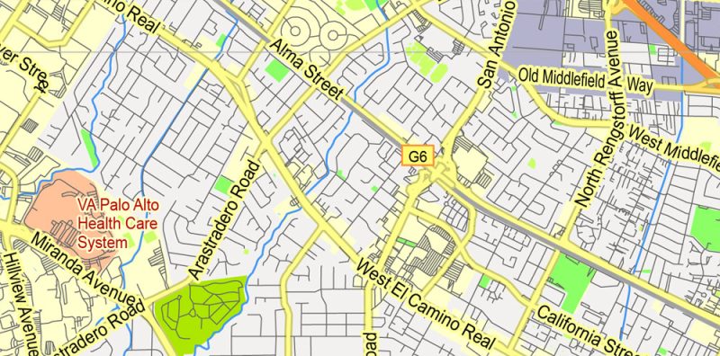 Mountain View, California, Printable Map, US, exact vector street G-View Level 13 map (2000 meters scale), fully editable, Adobe Illustrator, full vector, scalable, editable, text format street names, 2 Mb ZIP.