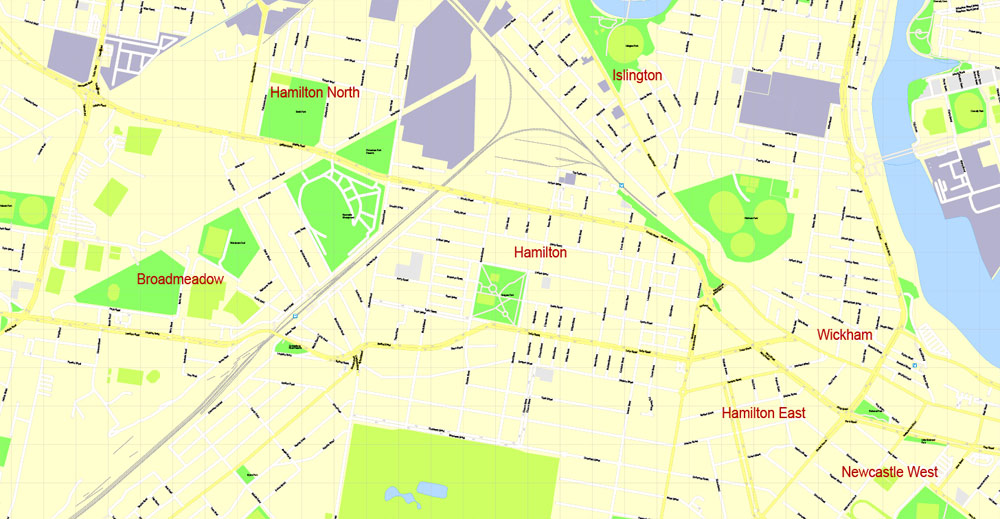 Printable Map Newcastle, Australia, exact vector street map, V29.11, fully editable, Adobe Illustrator, G-View Level 17 (100 meters scale), full vector, scalable, editable, text format of street names, 4 Mb ZIP.
