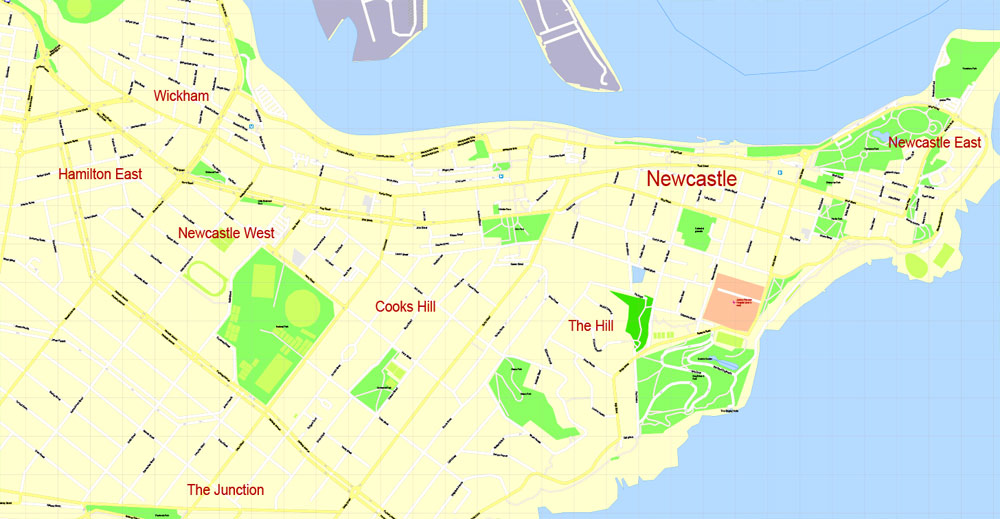 Printable Map Newcastle, Australia, exact vector street map, V29.11, fully editable, Adobe Illustrator, G-View Level 17 (100 meters scale), full vector, scalable, editable, text format of street names, 4 Mb ZIP.