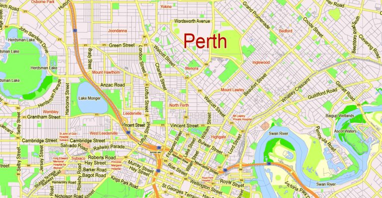 Perth Printable Map, Australia, exact vector street map, V27.11, fully editable, Adobe ...