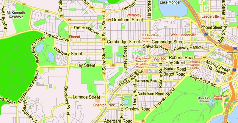 Printable Map Perth, Australia, exact vector street map, V27.11, fully editable, Adobe Illustrator, G-View Level 13 (2000 meters scale), full vector, scalable, editable, text format of street names, 5 Mb ZIP.