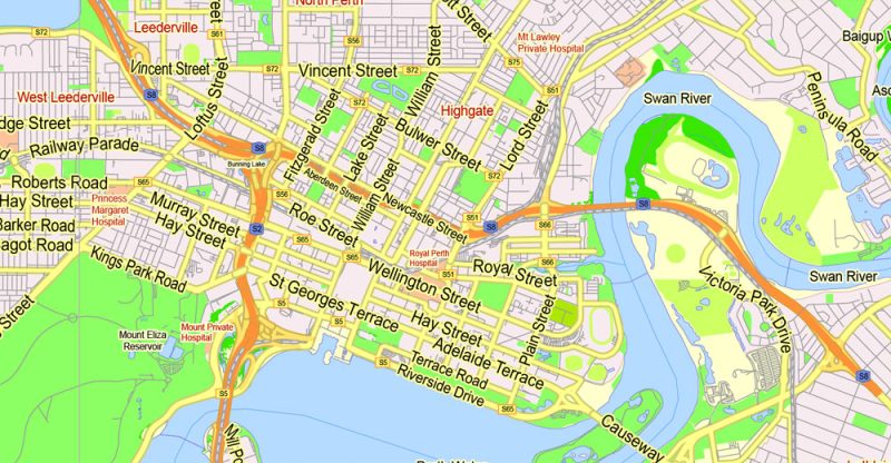 Printable Map Perth, Australia, exact vector street map, V27.11, fully editable, Adobe Illustrator, G-View Level 13 (2000 meters scale), full vector, scalable, editable, text format of street names, 5 Mb ZIP.