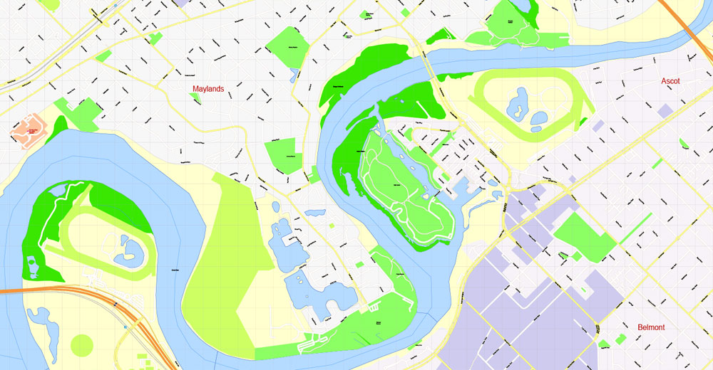 Printable Map Perth, Australia, exact vector street map, V27.11, fully editable, Adobe Illustrator, G-View Level 17 (100 meters scale), full vector, scalable, editable, text format of street names, 22 Mb ZIP.