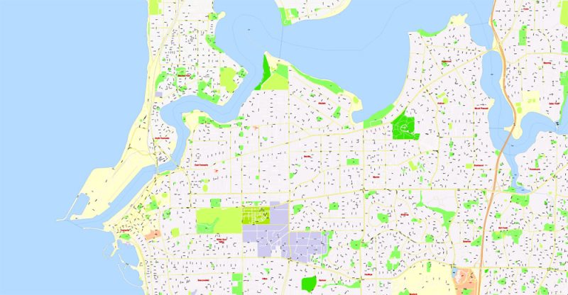 Perth Printable Map, Australia, exact vector street map, V27.11, fully editable, Adobe Illustrator, G-View Level 17 (100 meters scale), full vector