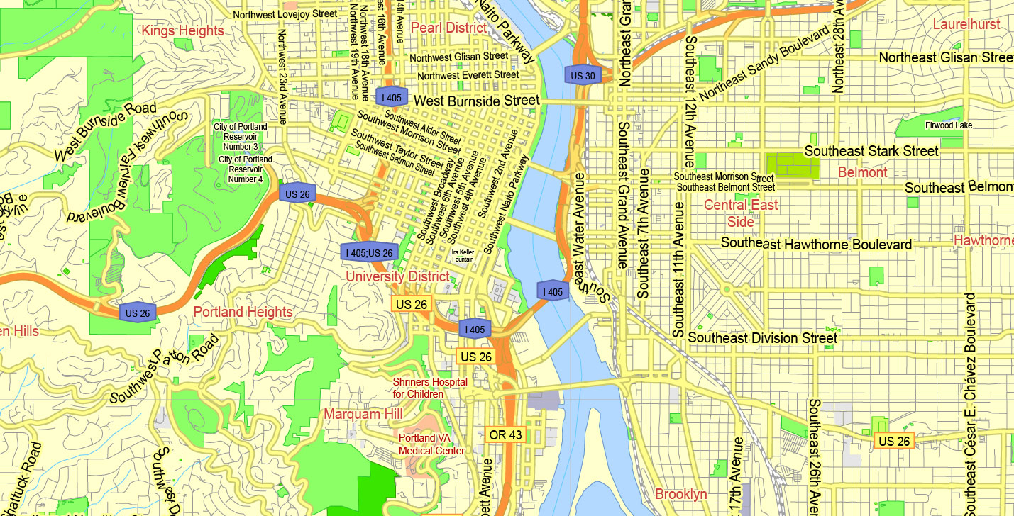 Printable Map Portland OR + Vancouver WA, exact vector street G-View Level 13 (2000 meters scale) map, fully editable, Adobe Illustrator