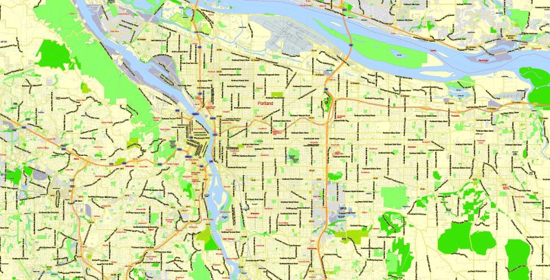 Printable Map Portland OR + Vancouver WA, exact vector street G-View Level 13 (2000 meters scale) map, fully editable, Adobe Illustrator