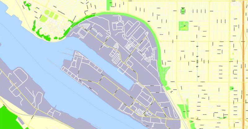 Printable Map Portland OR, Vancouver WA, exact vector street G-View Level 17 (100 meter scale) map in 4 parts, fully editable, Adobe Illustrator, full vector, scalable, editable text format of street names, 33 Mb ZIP.