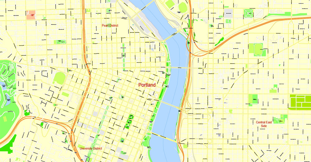 Printable Map Portland OR, Vancouver WA, exact vector street G-View Level 17 (100 meter scale) map in 4 parts, fully editable, Adobe Illustrator, full vector, scalable, editable text format of street names, 33 Mb ZIP.