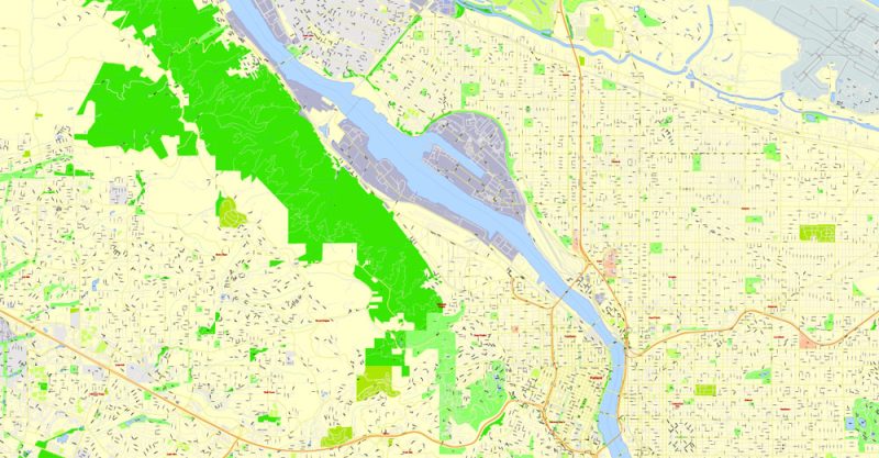 Printable Map Portland OR, Vancouver WA, exact vector street G-View Level 17 (100 meter scale) map in 4 parts, fully editable, Adobe Illustrator, full vector, scalable, editable text format of street names, 33 Mb ZIP.