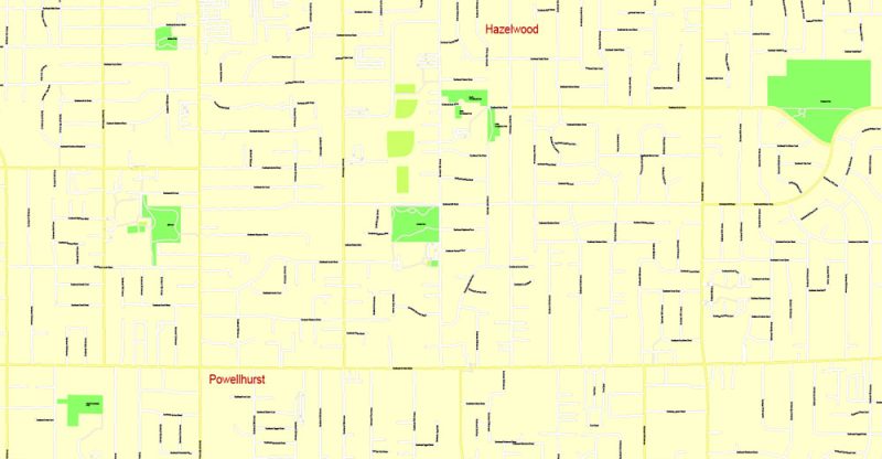 Printable Map Portland OR, Vancouver WA, exact vector street G-View Level 17 (100 meter scale) map in 4 parts, fully editable, Adobe Illustrator, full vector, scalable, editable text format of street names, 33 Mb ZIP.