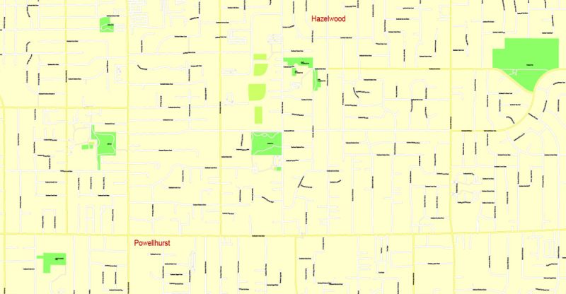 Printable Map Portland OR, Vancouver WA, exact vector street G-View Level 17 (100 meter scale) map in 4 parts, fully editable, Adobe Illustrator, full vector, scalable, editable text format of street names, 33 Mb ZIP.