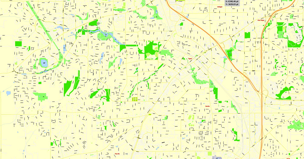 Printable Map Portland OR, Vancouver WA, exact vector street G-View Level 17 (100 meter scale) map in 4 parts, fully editable, Adobe Illustrator, full vector, scalable, editable text format of street names, 33 Mb ZIP.