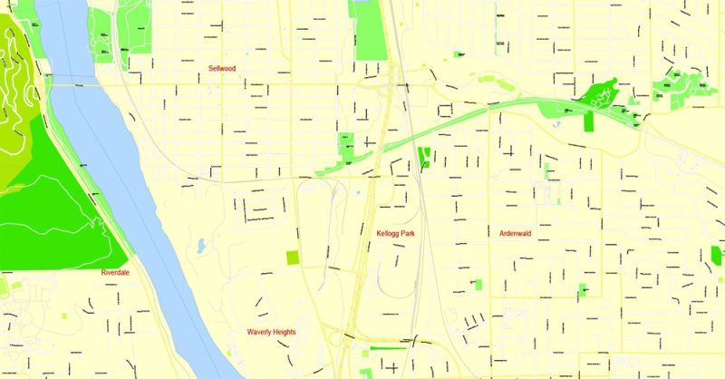 Printable Map Portland OR, Vancouver WA, exact vector street G-View Level 17 (100 meter scale) map in 4 parts, fully editable, Adobe Illustrator, full vector, scalable, editable text format of street names, 33 Mb ZIP.