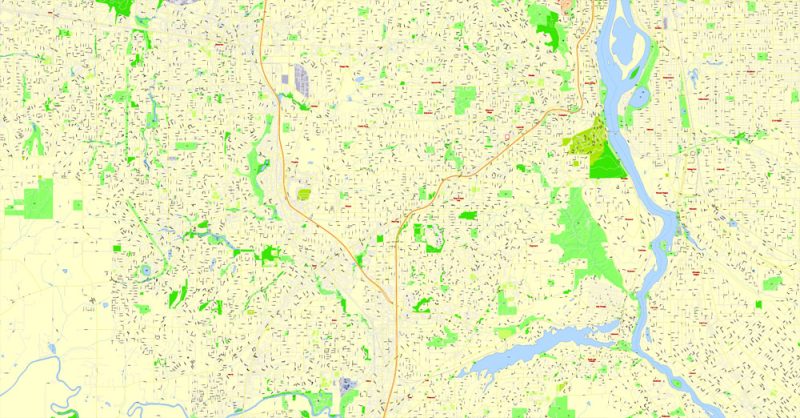 Printable Map Portland OR, Vancouver WA, exact vector street G-View Level 17 (100 meter scale) map in 4 parts, fully editable, Adobe Illustrator, full vector, scalable, editable text format of street names, 33 Mb ZIP.