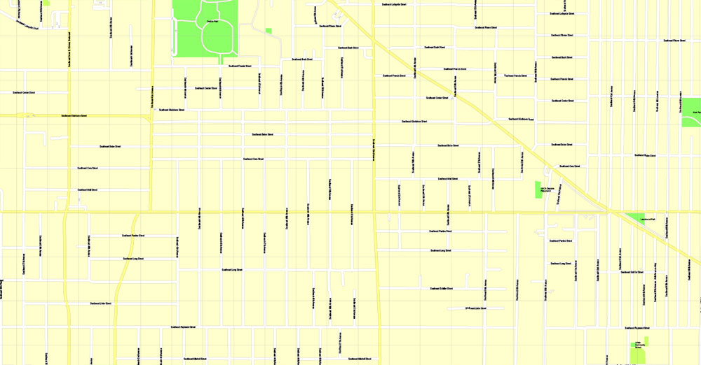 Printable Map Portland OR, Vancouver WA, exact vector street G-View Level 17 (100 meter scale) map in 4 parts, fully editable, Adobe Illustrator, full vector, scalable, editable text format of street names, 33 Mb ZIP.