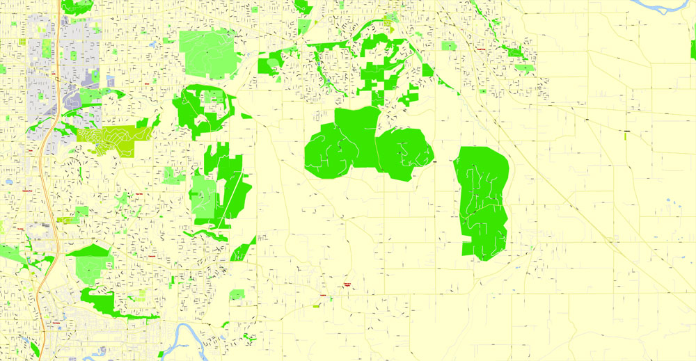 Printable Map Portland OR, Vancouver WA, exact vector street G-View Level 17 (100 meter scale) map in 4 parts, fully editable, Adobe Illustrator, full vector, scalable, editable text format of street names, 33 Mb ZIP.