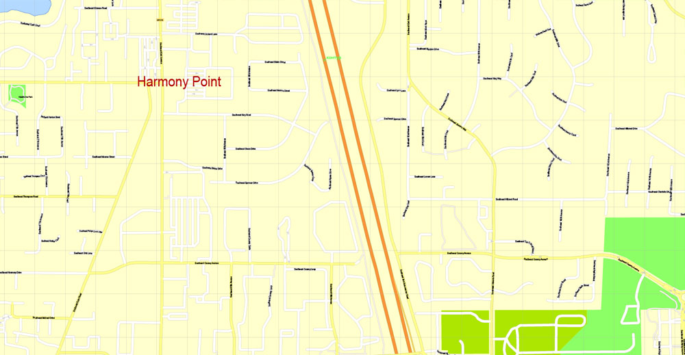 Printable Map Portland OR, Vancouver WA, exact vector street G-View Level 17 (100 meter scale) map in 4 parts, fully editable, Adobe Illustrator, full vector, scalable, editable text format of street names, 33 Mb ZIP.