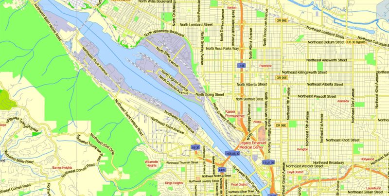 Printable Map Portland + Vancouver + Oregon City + Salem Large Area, with neighborhood, Oregon, US, exact vector street G-View level 13 (2000 meter scale) map V1.11, full editable, Adobe Illustrator, full vector, scalable, editable text format street names, 21 mb ZIP