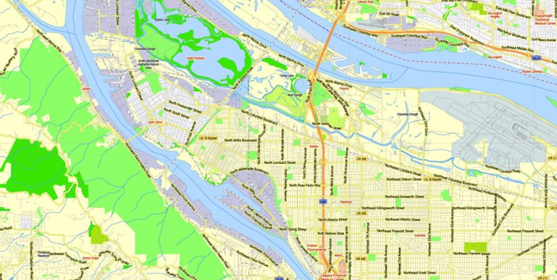 Printable Map Portland + Vancouver + Oregon City + Salem Large Area, with neighborhood, Oregon, US, exact vector street G-View level 13 (2000 meter scale) map V1.11, full editable, Adobe Illustrator, full vector, scalable, editable text format street names, 21 mb ZIP