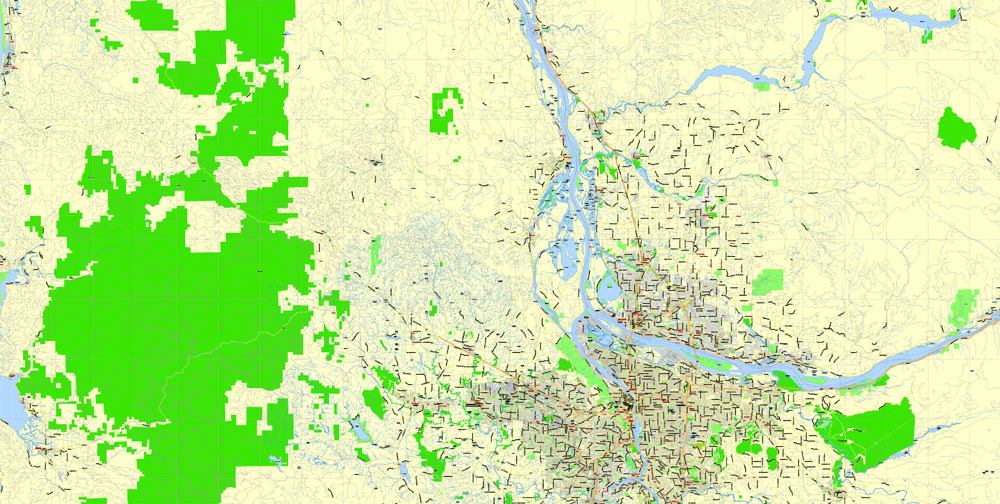 Portland + Vancouver + Oregon City + Salem Large Area Printable Map, with neighborhood, Oregon, US, exact vector street G-View level 13 (2000 meter scale) map V1.11, full editable, Adobe Illustrator