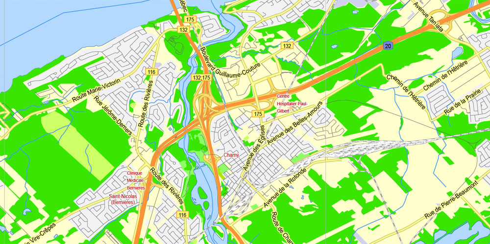 Quebec City, Canada, Printable Map, G-View Level 13 (2000 meters scale) Adobe Illustrator Map, fully editable, 4 Mb ZIP.