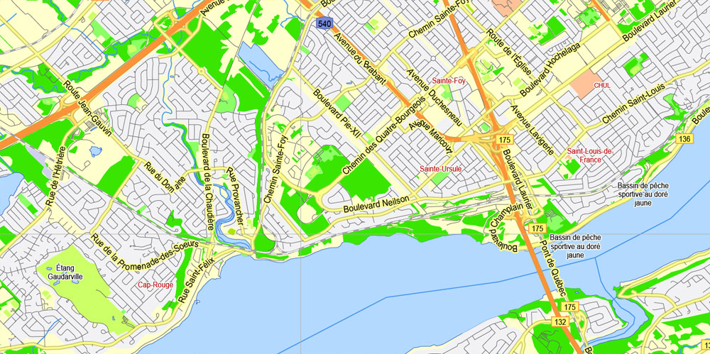 Quebec City, Canada, Printable Map, G-View Level 13 (2000 meters scale) Adobe Illustrator Map, fully editable, 4 Mb ZIP.
