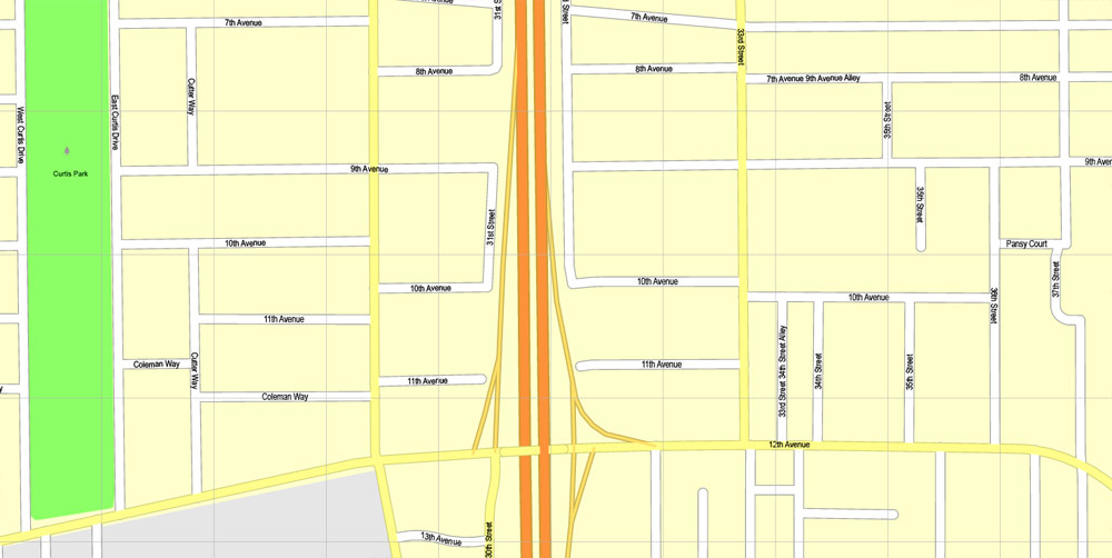 Printable Map Sacramento, California, exact vector street G-View Level 17 (100 meter scale) map, fully editable, Adobe Illustrator, full vector, scalable, editable text format of street names, 16 Mb ZIP.