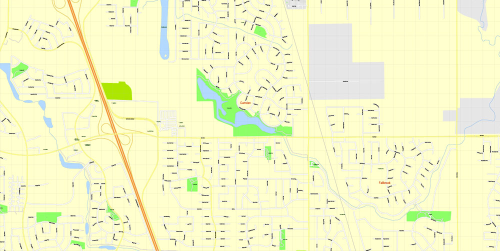 Printable Map Sacramento, California, exact vector street G-View Level 17 (100 meter scale) map, fully editable, Adobe Illustrator, full vector, scalable, editable text format of street names, 16 Mb ZIP.