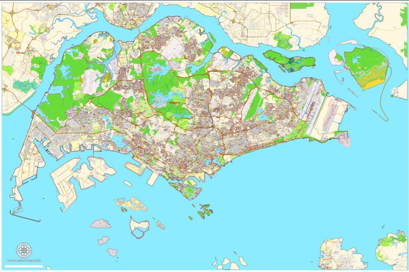 Printable Map Singapore, exact City Plan street map, full editable, Adobe illustrator, full vector, scalable, editable, text format street names, 10 mb ZIP