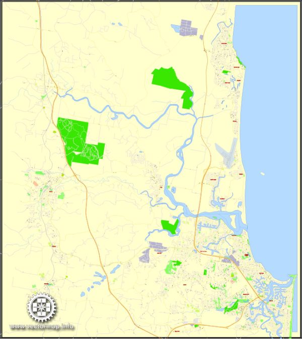 PDF Map Sunshine Coast, Australia, exact vector street map Editable