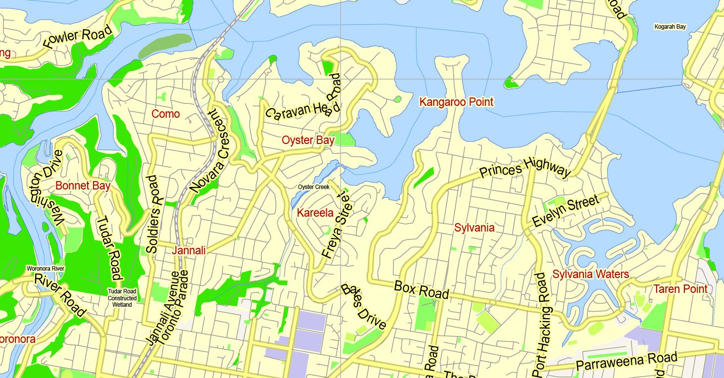Sydney Printable Map, Australia, exact vector City Plan editable, Adobe Illustrator 2000 meters scale Street Map
