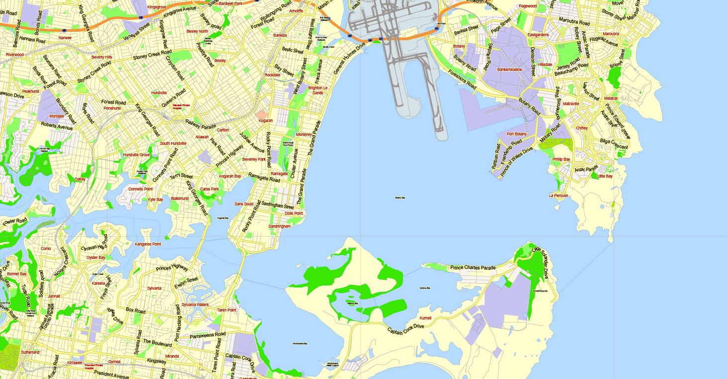 Sydney Printable Map, Australia, exact vector City Plan editable, Adobe Illustrator 2000 meters scale Street Map