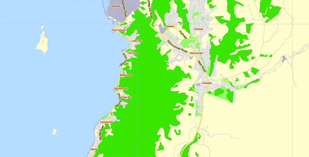 Wellington Printable Map New Zealand exact vector street map fully editable Adobe Illustrator 2000 meters scale