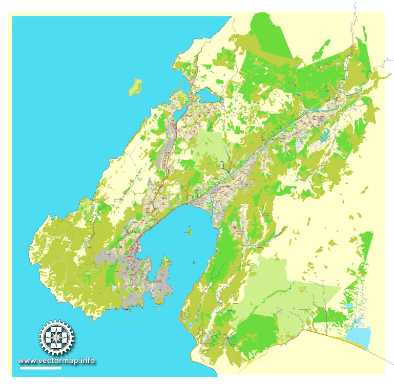 Printable Map Wellington, New Zealand, exact vector street City Plan map v.03.11, fully editable, Adobe Illustrator, full vector, scalable, editable text format of street names, 13 Mb ZIP.
