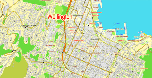 Wellington Printable PDF Map, New Zealand, exact vector street City ...