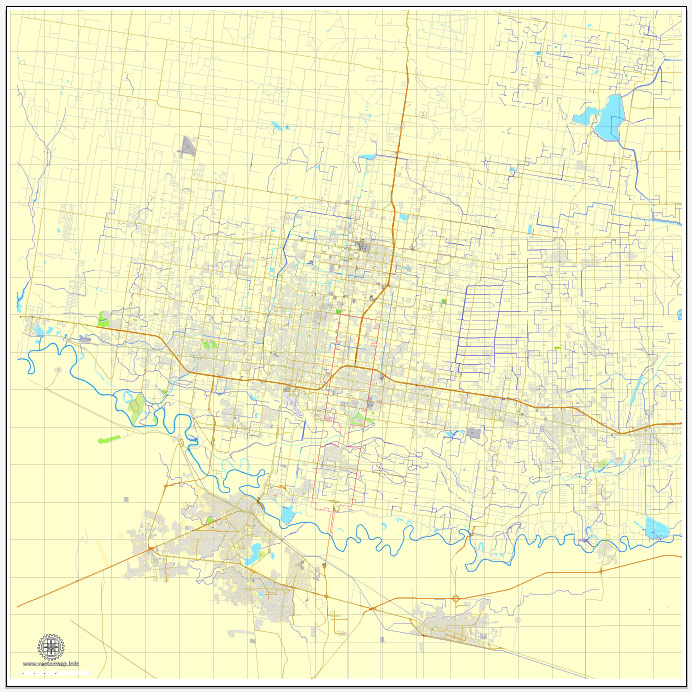 MCallen printable map, Texas, US vector street City Plan map, full editable, Adobe Illustrator, V3.10 full vector, scalable, editable, text format street names, 8 Mb ZIP.