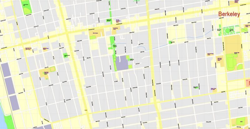 Printable Map University of California Berkeley, Berkeley CA, US, exact vector street G-View Level 17 (100 meters scale) map, V.21.12. fully editable, Adobe Illustrator, full vector, scalable, editable text format of street names, 2 Mb ZIP.