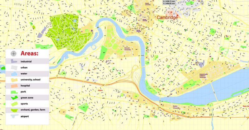 Printable Map Harvard University Cambridge MA, US, exact vector street G-View Level 17 (100 meters scale) map, V.21.12. fully editable, Adobe Illustrator, full vector, scalable, editable text format of street names, 3 Mb ZIP.